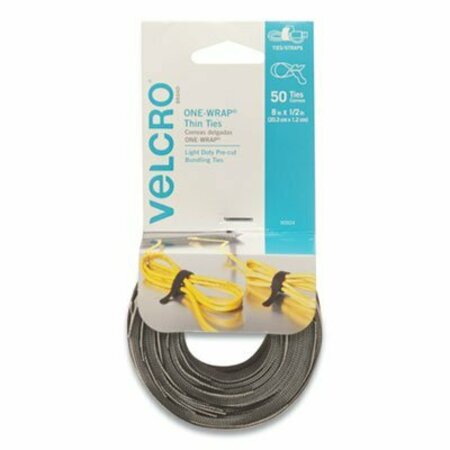 VELCRO BRAND Velcro, ONE-WRAP PRE-CUT THIN TIES, 0.5in X 8in, BLACK/GRAY, 50PK 90924
